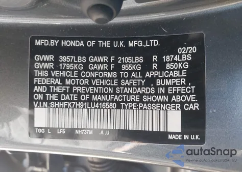 2020 Honda Civic Sport Touring из США, поврежденный, VIN SHHFK7H91LU416580